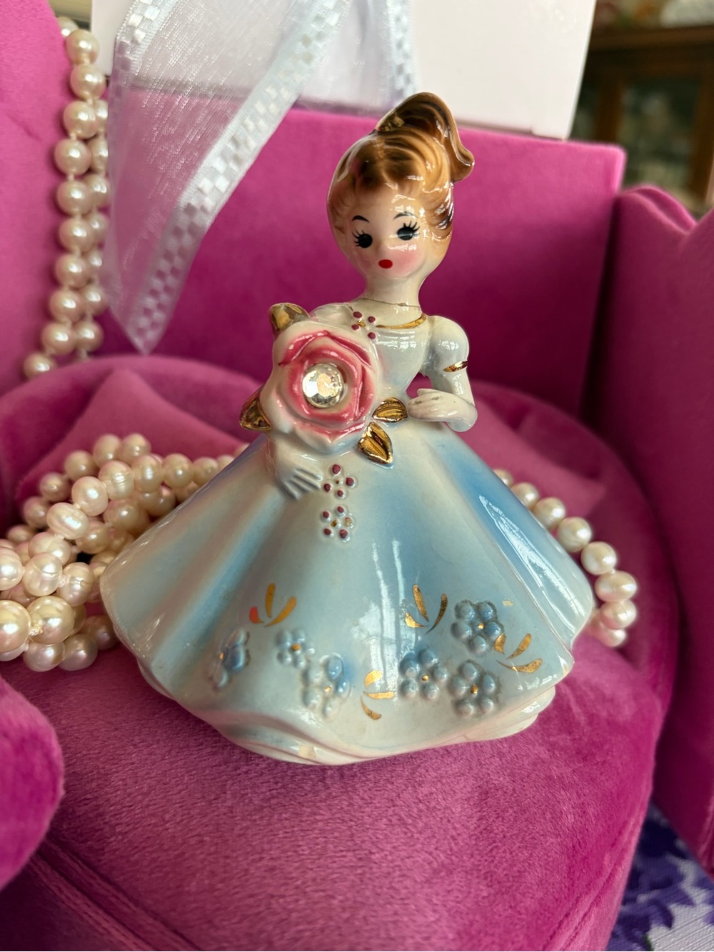 Josef Original Porcelain April Birthday Figurine Girl Holding Pink Rose